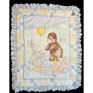 Vtg Carter’s Crib Quilt Baby Blanket Bear Bunny Puppy Blue Yellow Ruffled 38x48"